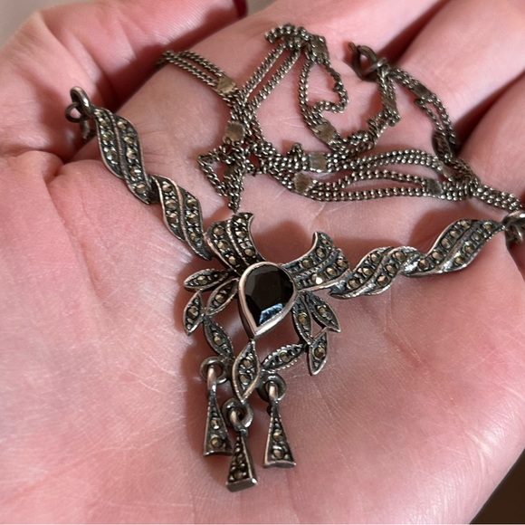 Antique Art Deco 1920's Sterling Silver Marcasite black Onyx Choker necklace - Picture 14 of 17